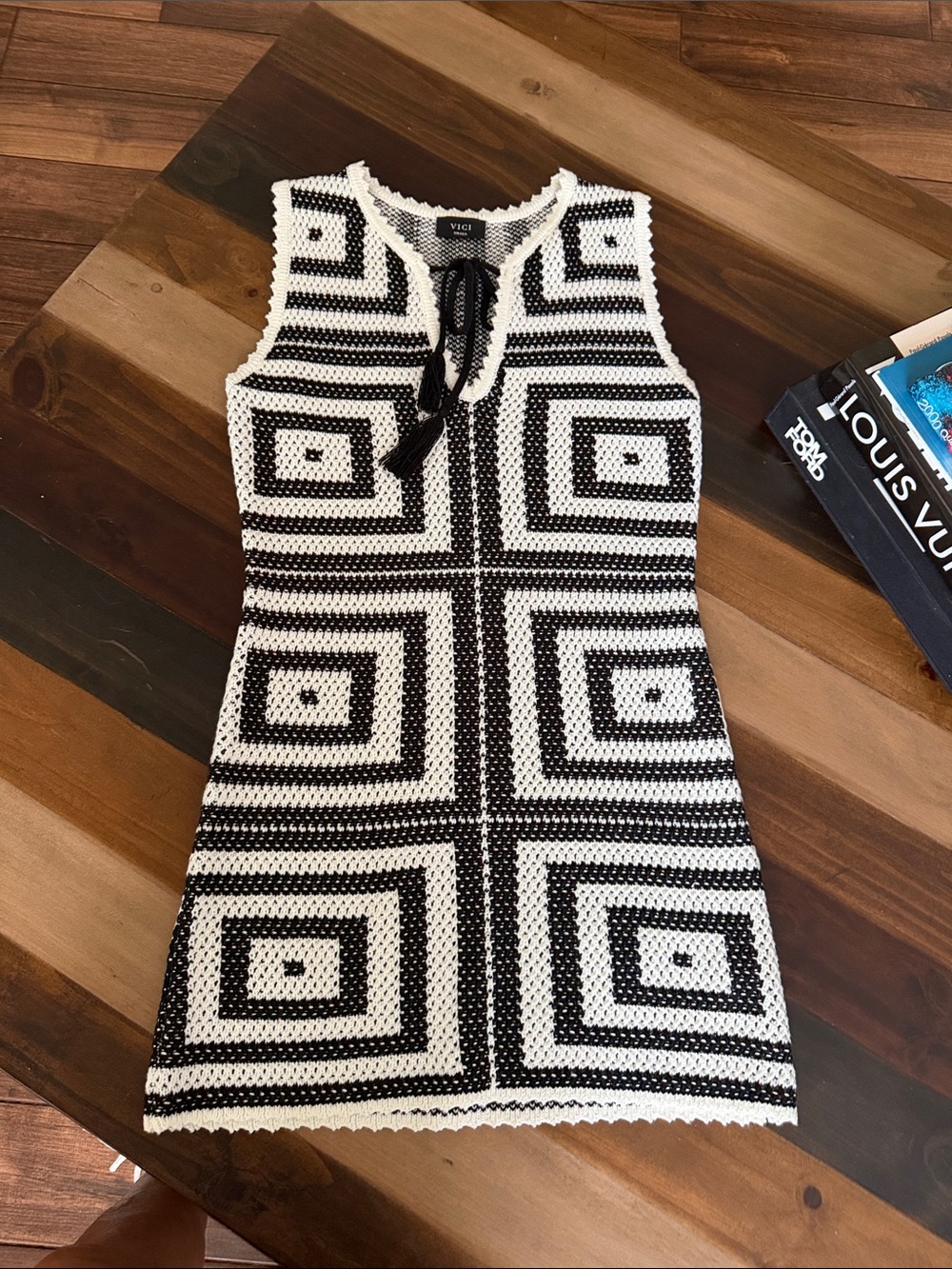 VICI Black & White Geometric Crochet Mini Dress